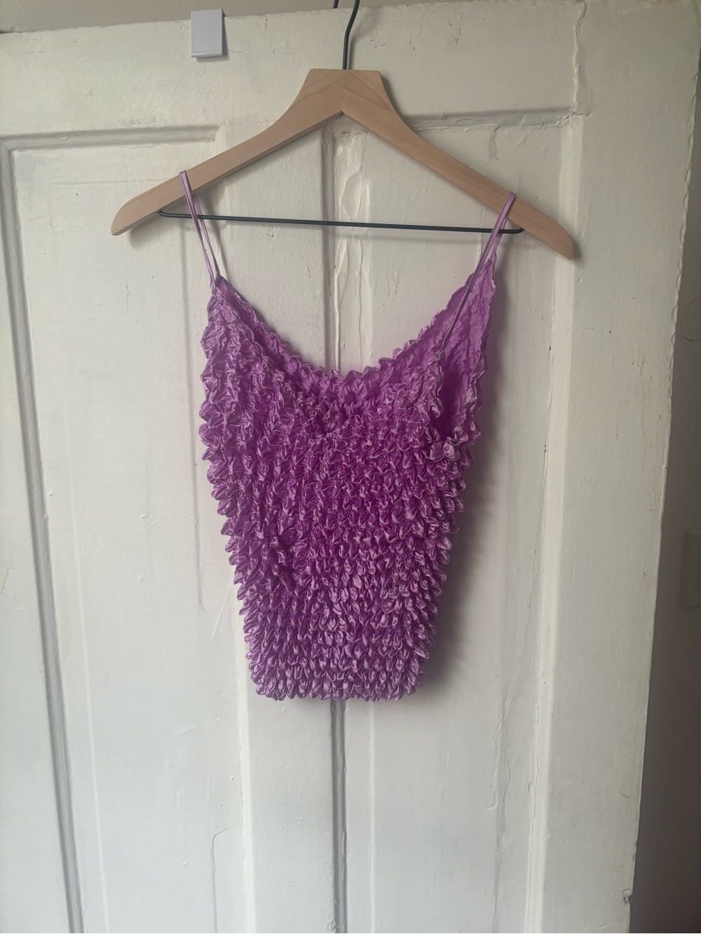 Vintage Pastel Popcorn Smocked Spaghetti Strap Tank Top in Lavender Purple